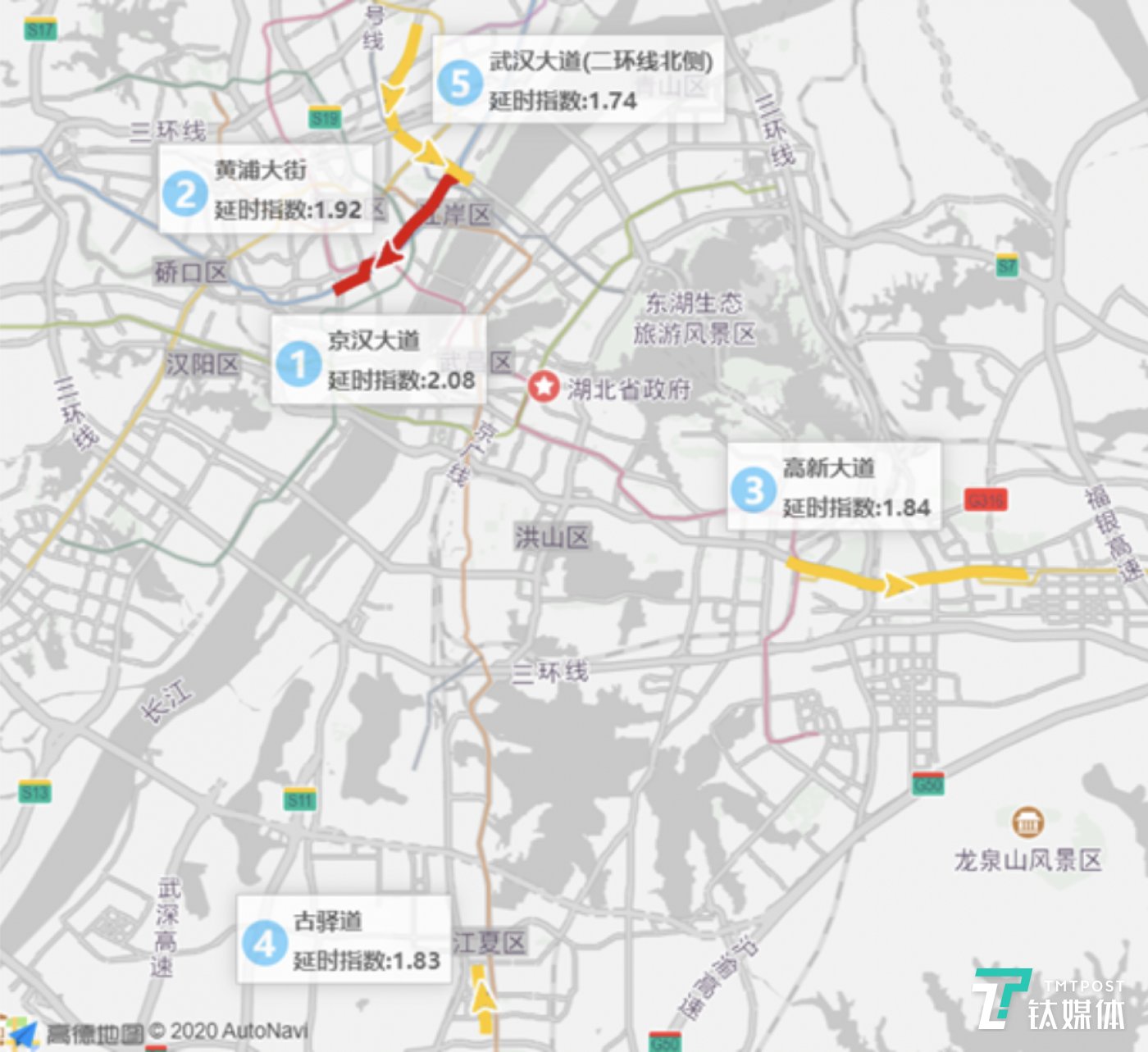 4月8日武漢早高峰擁堵延時(shí)TOP5道路 來(lái)源：高德地圖